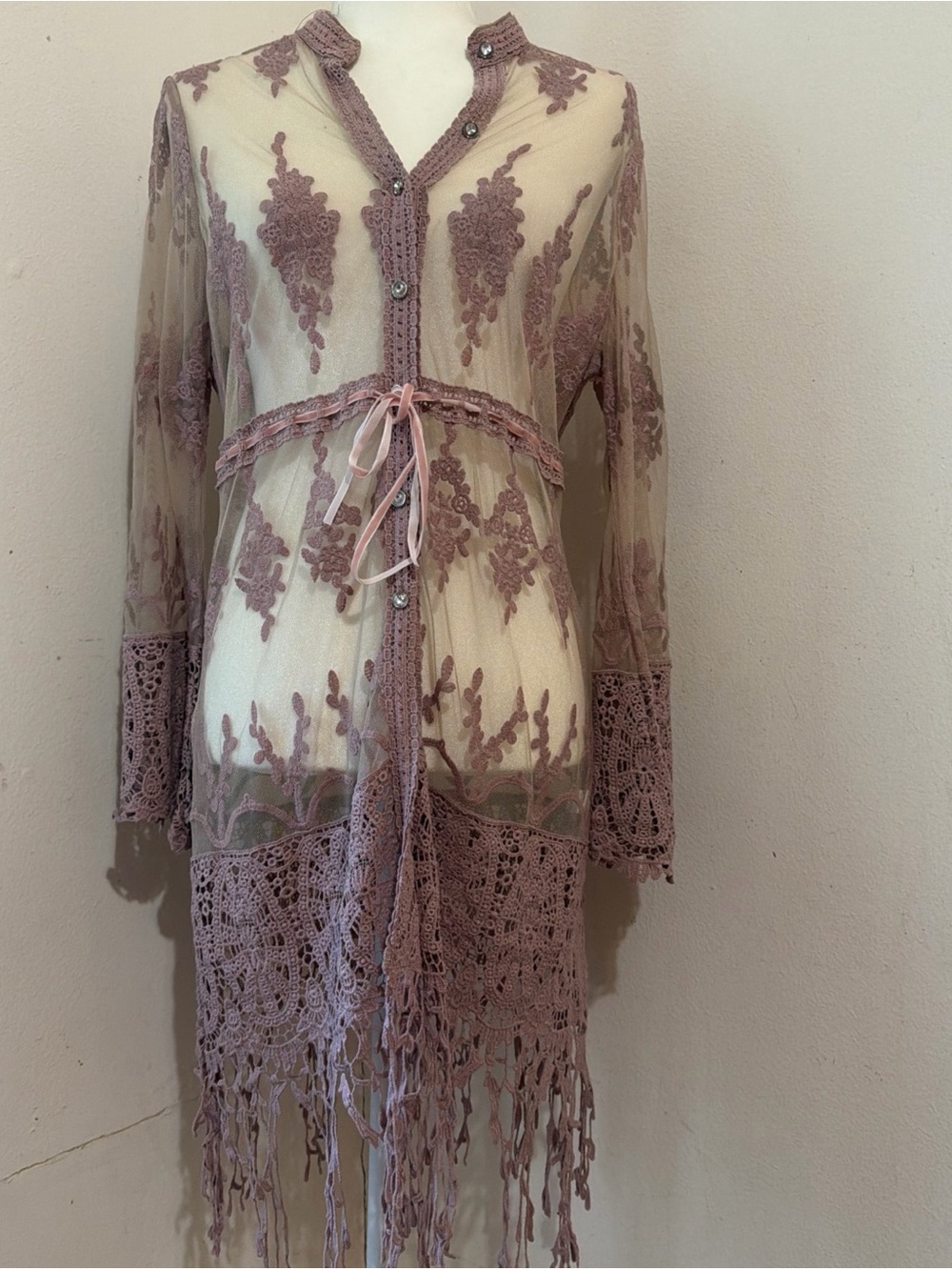 Victorian vibe Lace-Embroidered Sheer-duster cardigan hem Dusty rose coquette